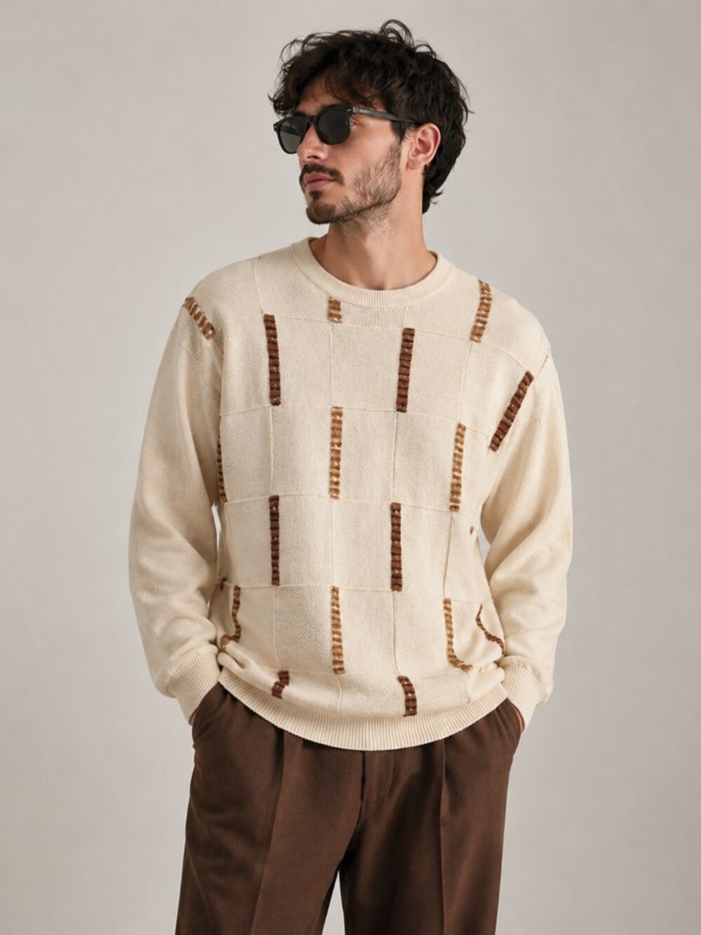 Vintage Tagio Men’s Sweater Size M Cream Beige Geometric Knit Pullover 90s
